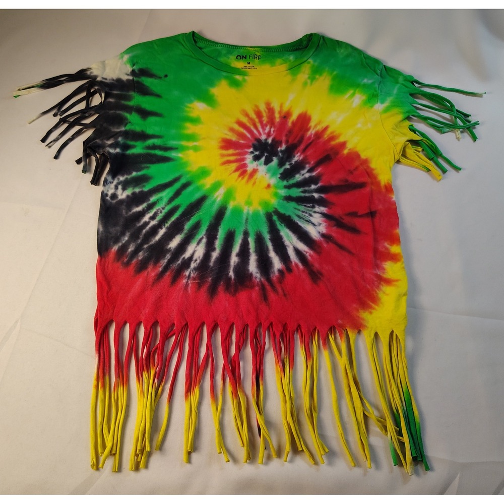 On Fire Mens Medium Tie Dye Fringe T-Shirt Rasta Colors Spiral Boho Festival Top